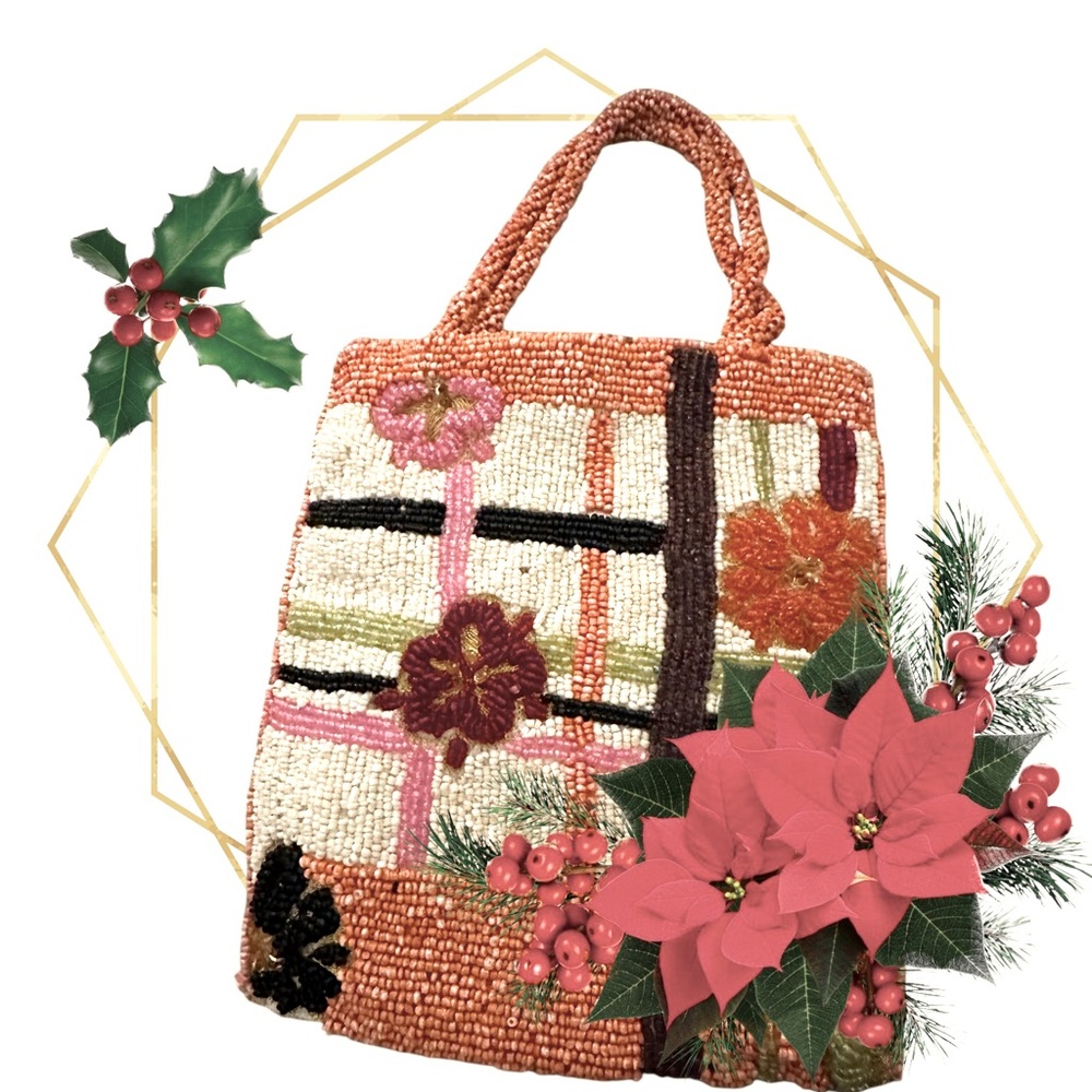 Beaded‎ boho bag with plaid and floral pattern